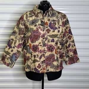 Chicos Floral 100% Silk Embroidered Size 2 Large Button Front Jacket